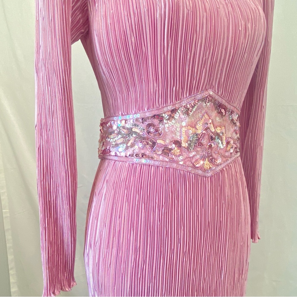NUIT Vintage 1980s Pink Mauve Micro Pleated Dress Beaded Embellished Waist sz 8 - Picture 10 of 17